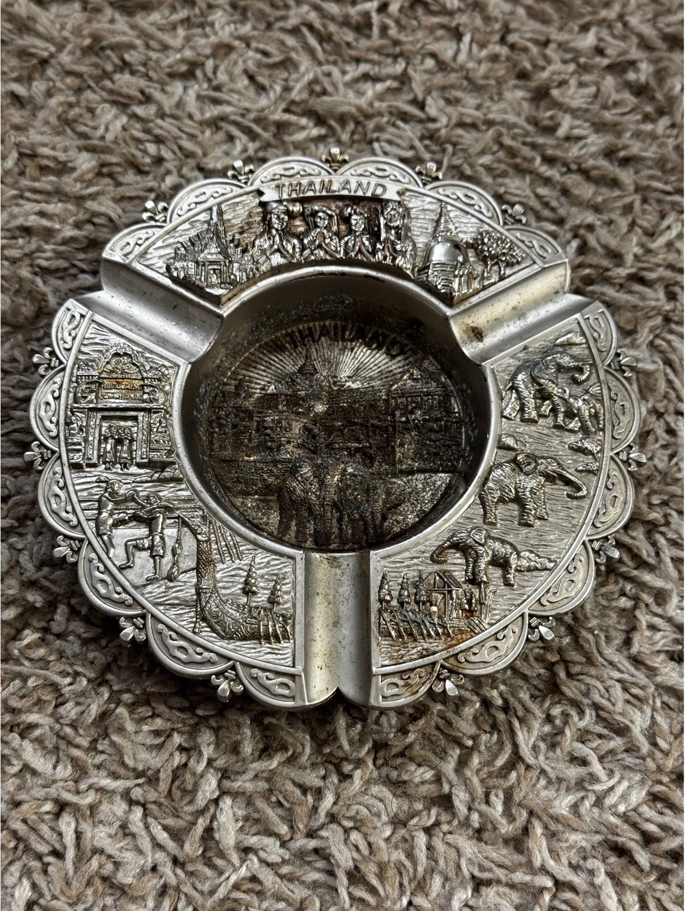 Vintage Thailand Souvenir Metal Ashtray Elephant Temple Ornate Raised Relief